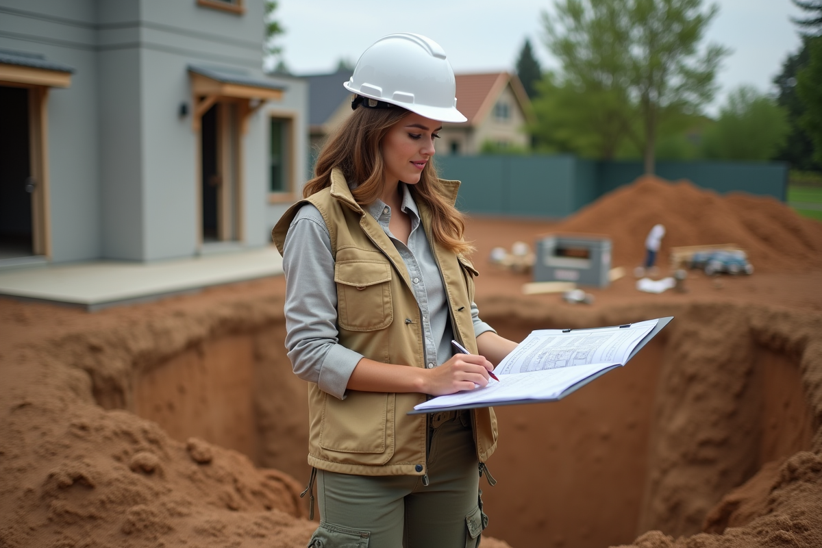 Jeune femme consulte des plans de construction à l