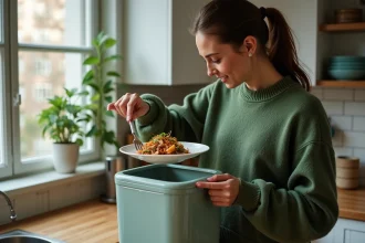 Femme en vert vidant des restes dans un composteur moderne