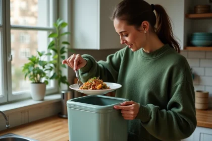 Femme en vert vidant des restes dans un composteur moderne