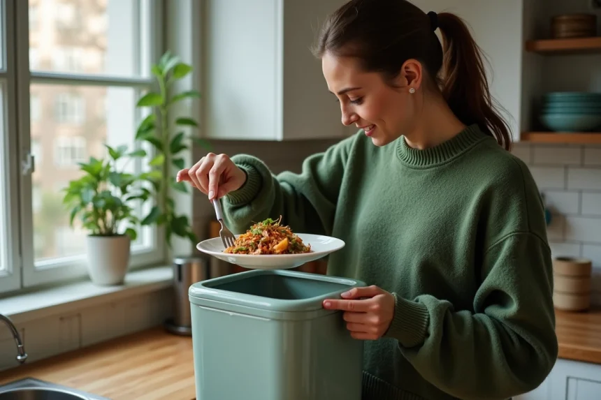 Femme en vert vidant des restes dans un composteur moderne