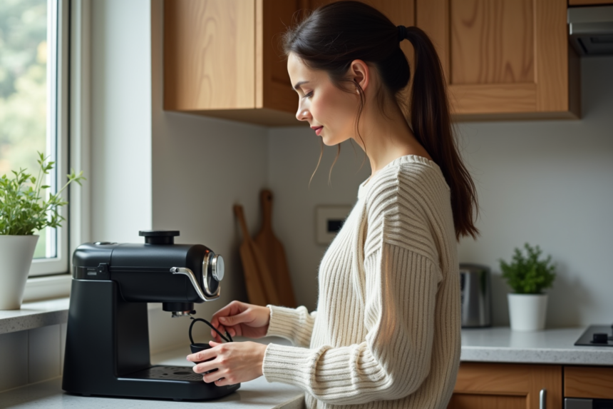 Femme débranchant une cafetière dans une cuisine moderne