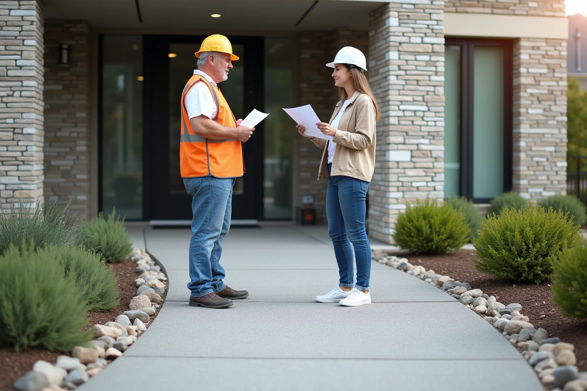 Jeune femme indique un plan à un homme près d