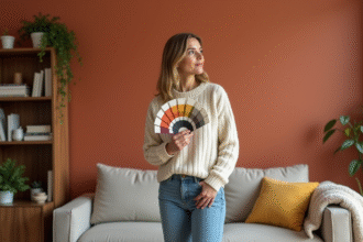 Femme tenant un échantillon de couleur devant un mur terracotta