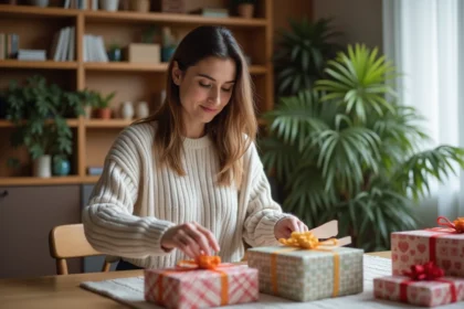 Femme en train d'emballer des cadeaux avec des pochettes en papier recyclé