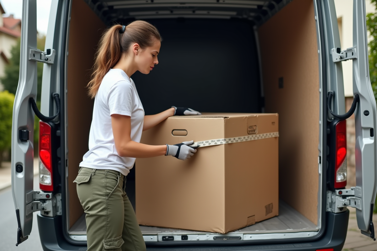 Femme en gants sécurisant un carton dans un van de déménagement