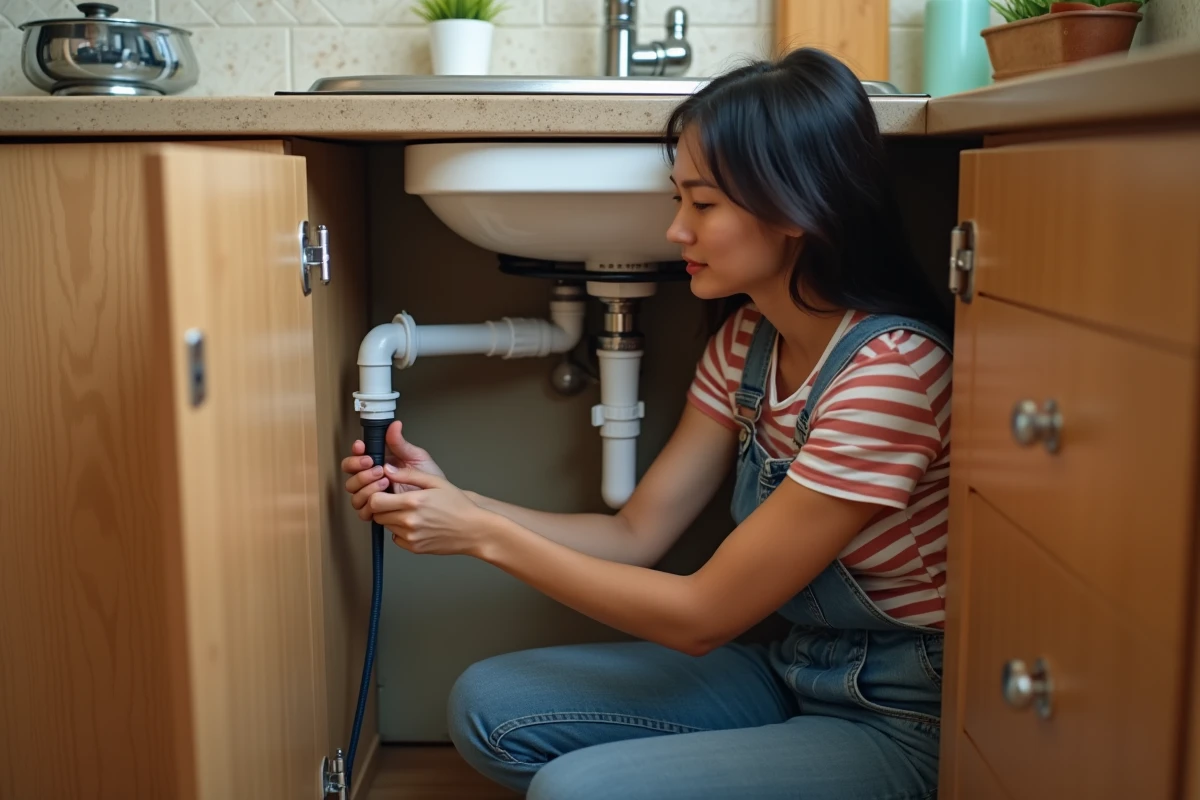 Jeune femme ajustant un raccord de plomberie sous l
