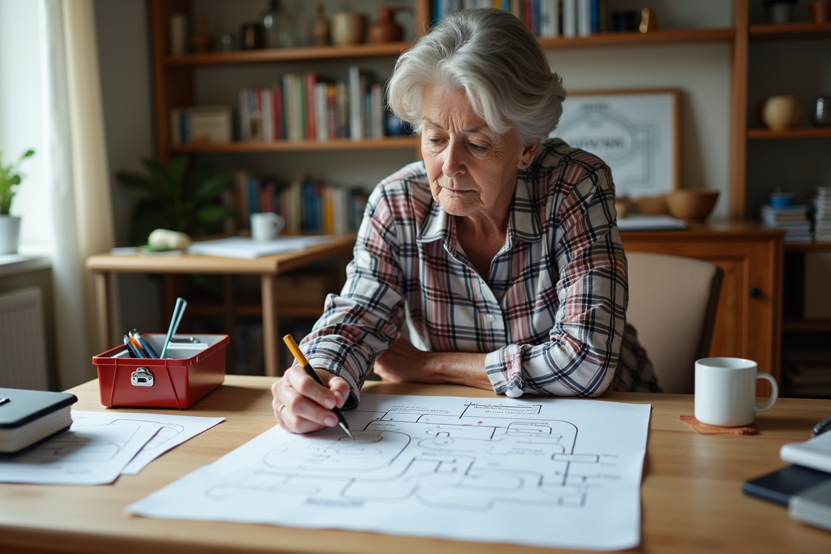 Femme âgée étudie un diagramme de plomberie