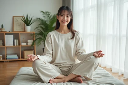 Jeune femme assise sur un futon moderne dans un appartement minimaliste