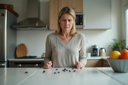 Femme inquiète dans la cuisine avec des mouches noires