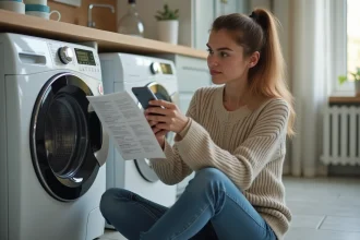 Jeune femme consulte le manuel de la machine à laver