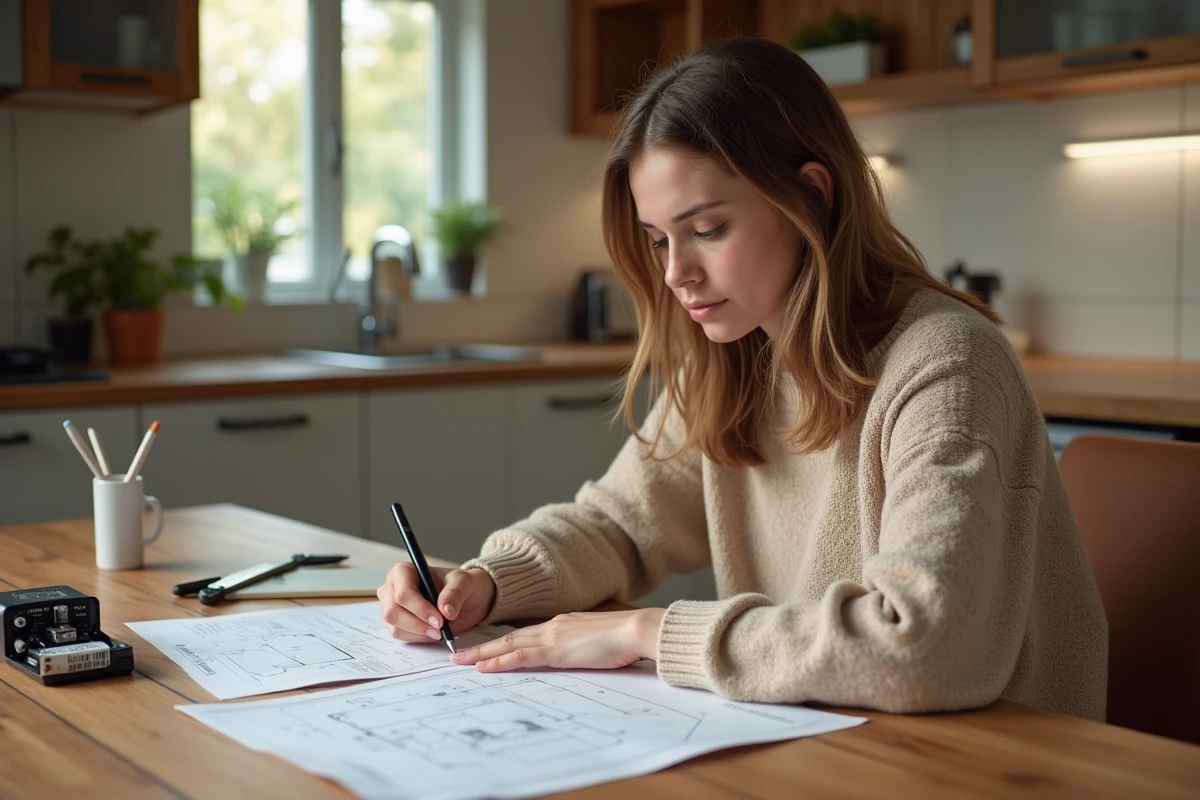 Jeune femme analysant un schéma électrique au repas