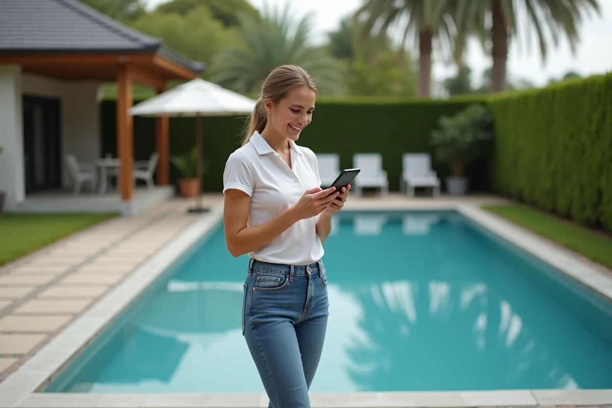 Jeune femme souriante vérifiant coûts d entretien piscine