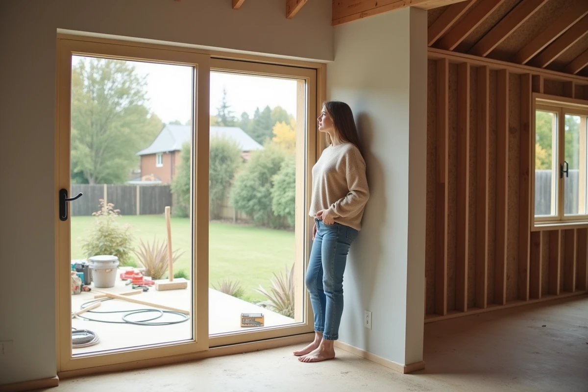 Femme regardant par une grande fenêtre dans une extension neuve