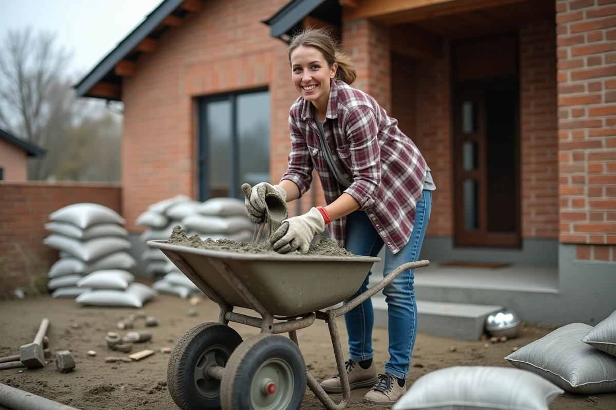 Jeune femme versant du béton dans une brouette sur un chantier résidentiel