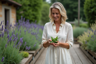 Femme récoltant de la menthe dans un jardin aromatique