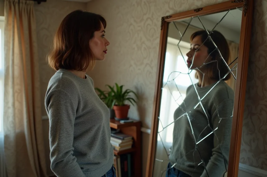 Femme regardant un miroir brise en intérieur chaleureux