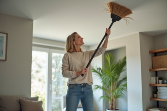 Femme en jeans nettoyant un plafond avec une brosse longue