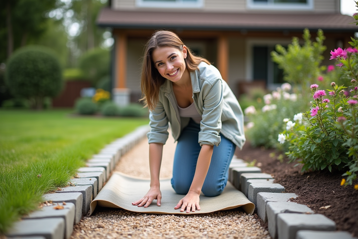 Jeune femme en jeans posant un géotextile dans le jardin