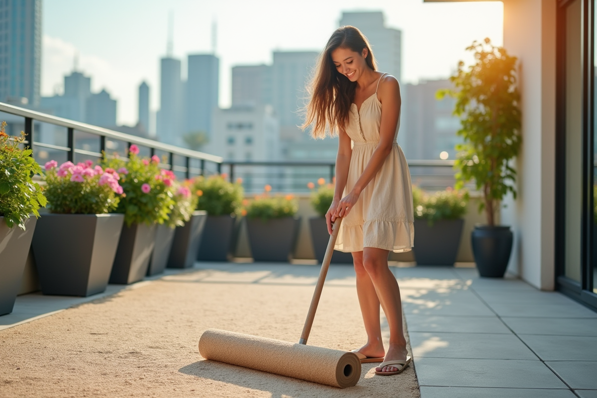 Jeune femme étalant du gravier artificiel sur une terrasse urbaine