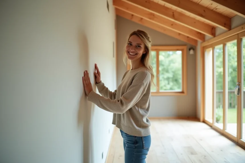 Femme souriante touchant un mur en plâtre dans une maison en bois