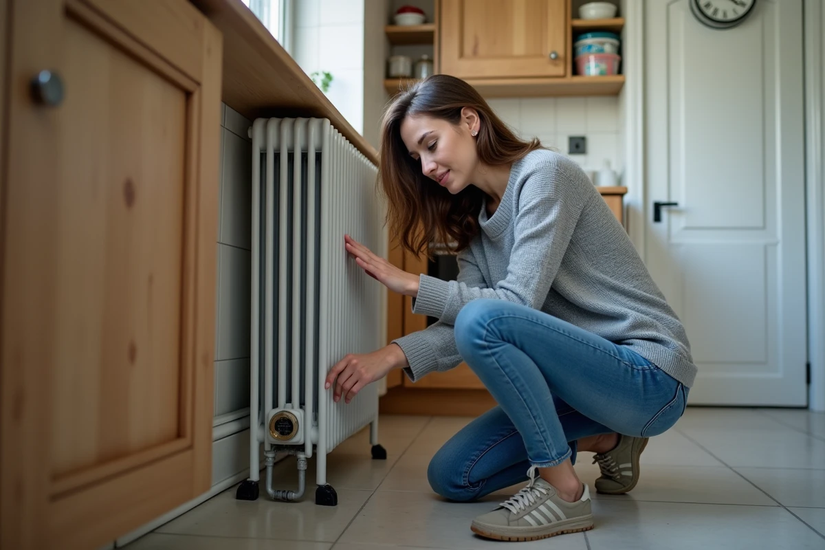 Jeune femme contrôle un radiateur dans une cuisine moderne
