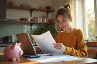 Jeune femme consulte documents de location dans un appartement lumineux