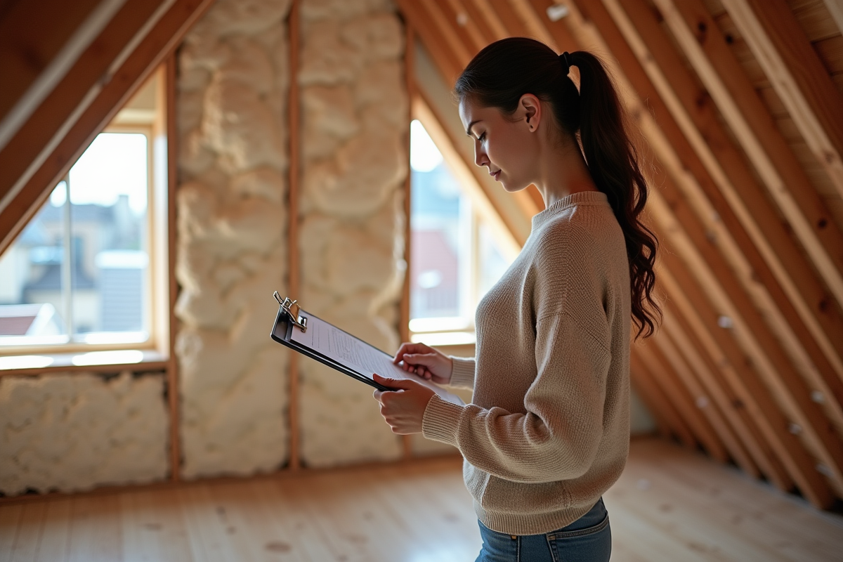 Jeune femme vérifiant des formulaires dans un grenier rénové