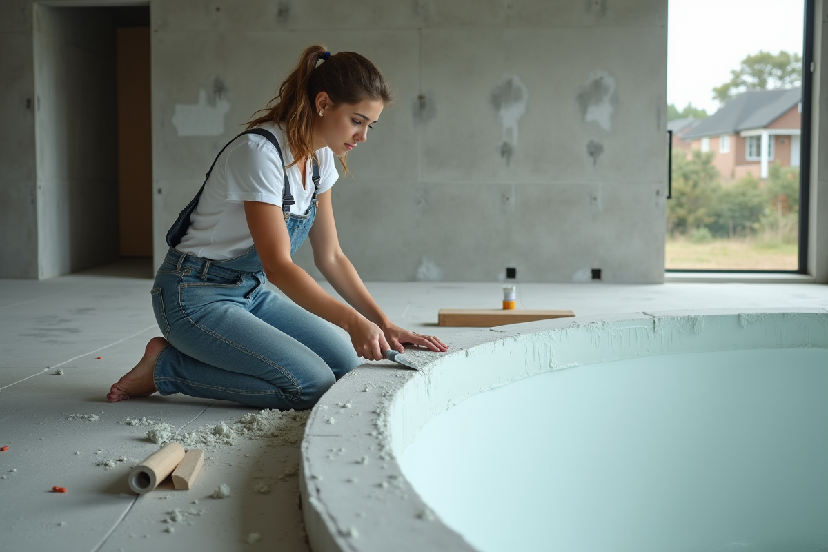 Jeune femme appliquant du plâtre dans une piscine en construction