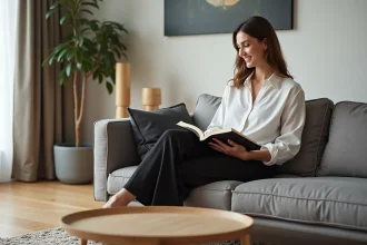 Femme élégante dans un salon moderne avec table design