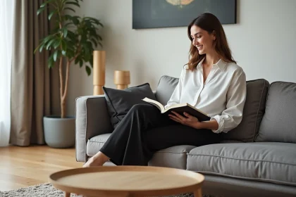 Femme élégante dans un salon moderne avec table design
