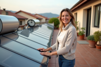 Femme souriante près d'un chauffe-eau solaire sur terrasse