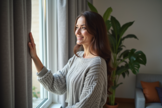 Femme souriante touchant un rideau thermique gris dans un salon