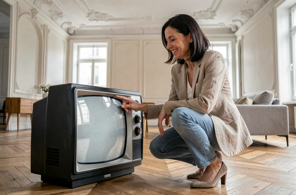 Femme admirant une télévision vintage noir et blanc restaurée dans un appartement haussmannien au parquet en chevrons