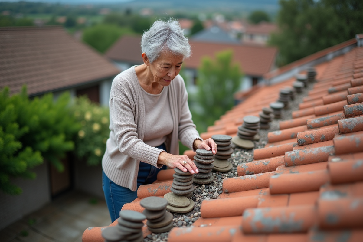 Femme âgée arrangeant des pierres sur des tuiles anciennes