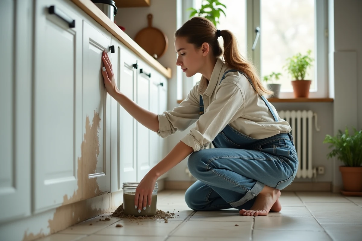 Jeune femme applique une argile naturelle sur un mur humide