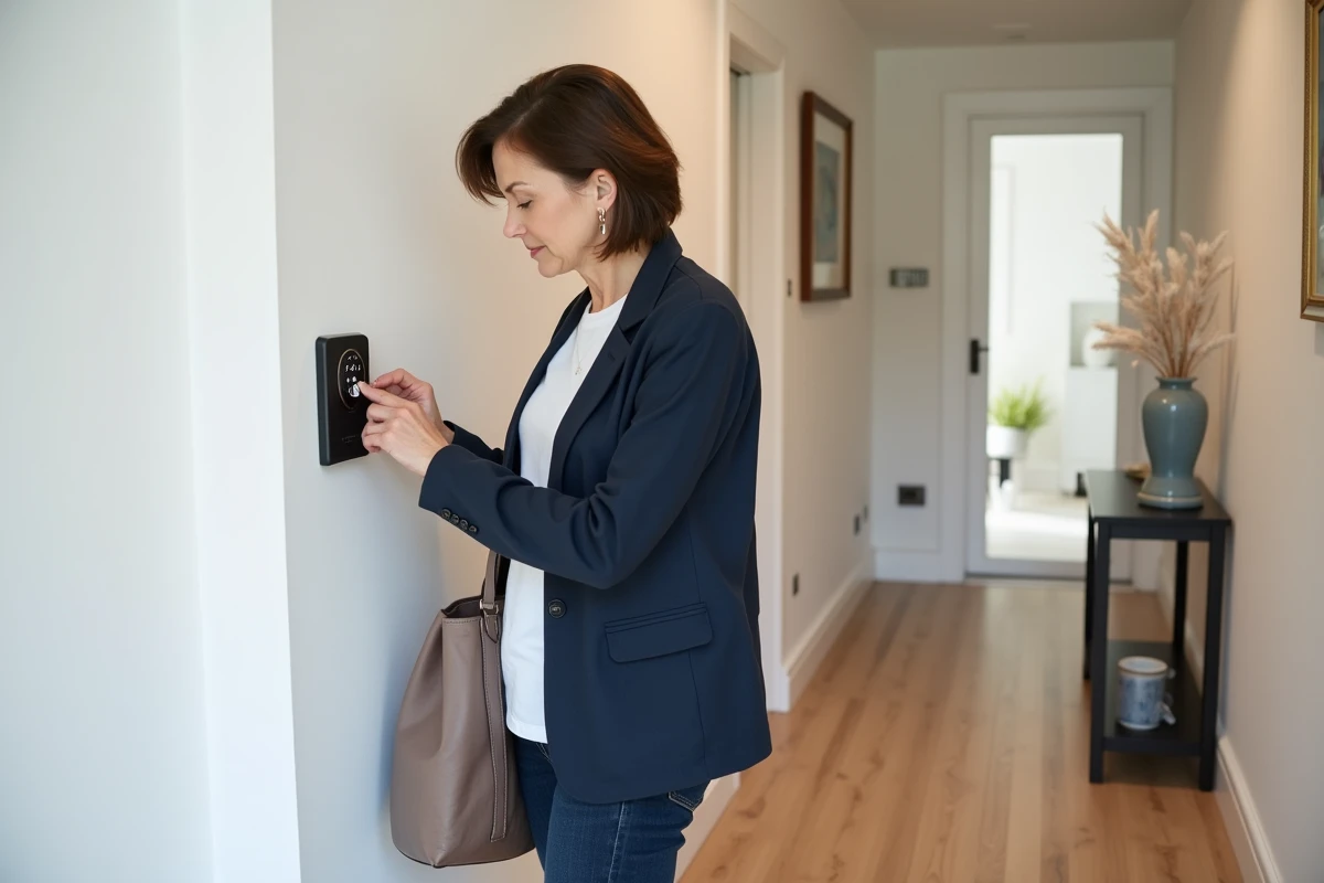 Femme entrant un code sur un coffre clé mural installé dans un couloir intérieur moderne