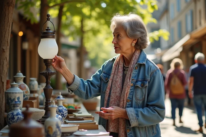 Femme examinant une lampe vintage au marché de Montpellier