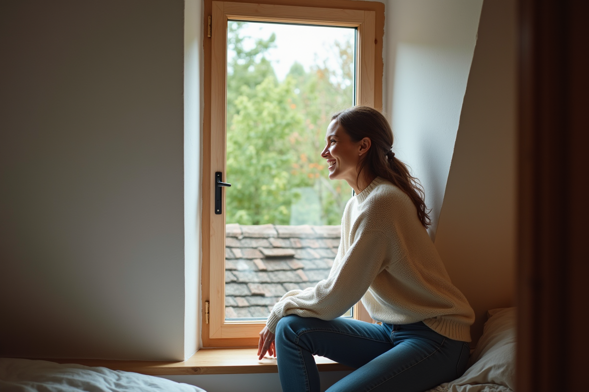 Femme souriante regarde par la fenêtre vers un toit étanche et un jardin