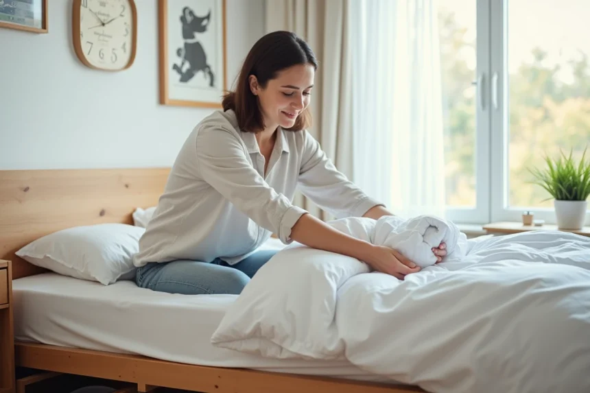 Femme plie un duvet blanc dans une chambre lumineuse