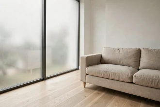 Film givré appliqué sur une fenêtre dans un salon scandinave moderne pour occulter sans rideau