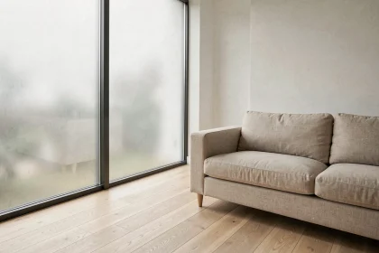 Film givré appliqué sur une fenêtre dans un salon scandinave moderne pour occulter sans rideau