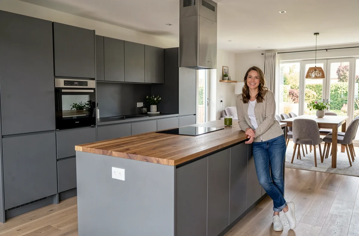Cuisine moderne installée par FLAM'A3 à Bressuire avec des façades gris anthracite et un îlot central en bois