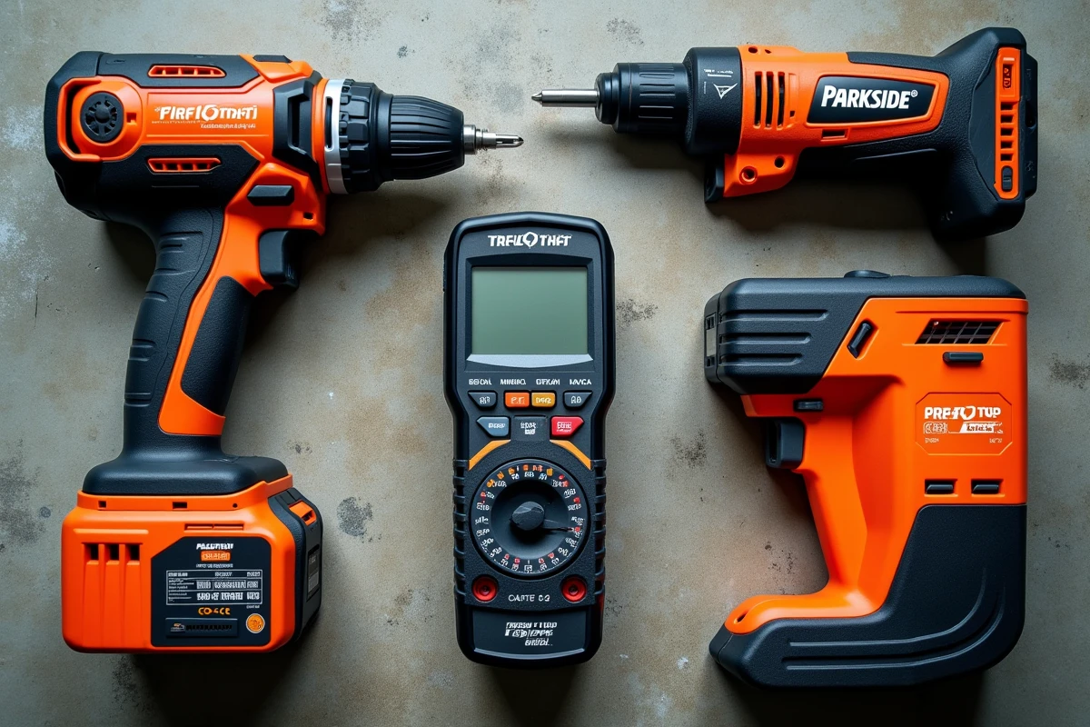 Gamme d'outils Parkside Lidl disposés en flat lay sur béton avec leurs emballages orange et noirs