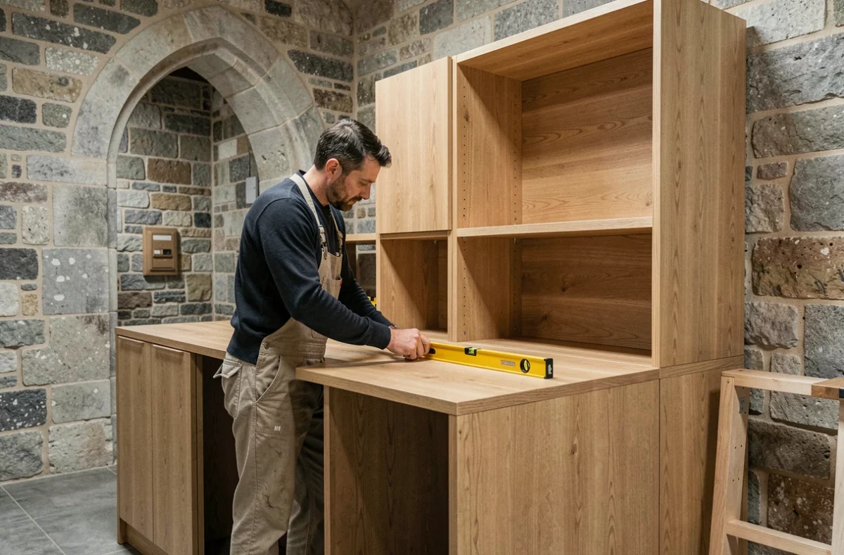 Artisan GCMA installant un agencement en chêne sur mesure dans un espace en pierre près de Fontevraud-l'Abbaye