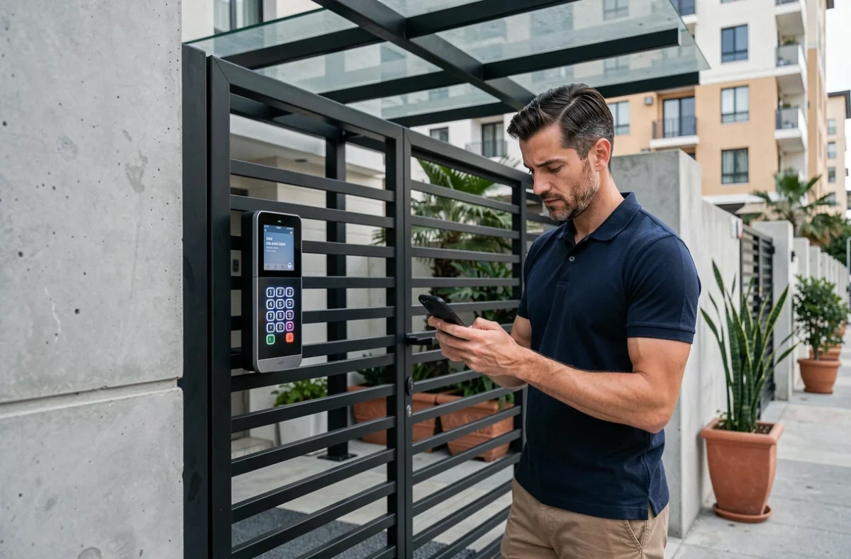 Homme consultant son téléphone pour saisir un code d'accès sur un digicode de portail de location urbaine