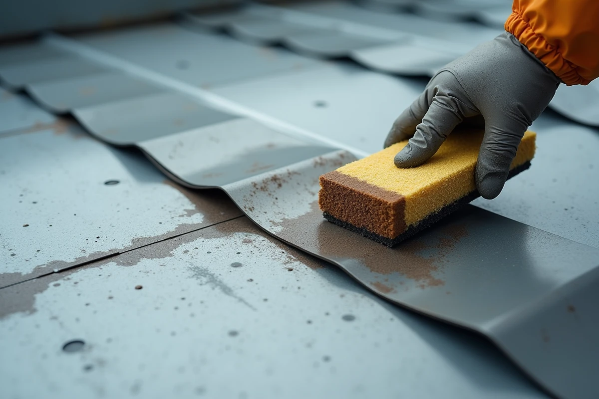 Gros plan sur l'application de patine chimique sur une feuille de zinc, montrant la transition entre zinc brut et zinc patiné