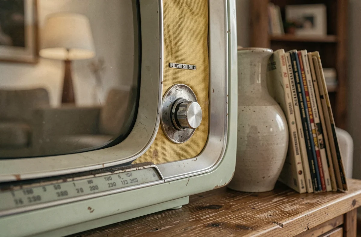 Gros plan sur les cadrans et le tissu de haut-parleur d'une télévision vintage verte des années 50 posée sur une étagère en chêne avec des vinyles
