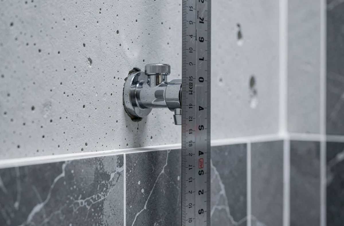 Gros plan sur un mitigeur douche encastré avec règle de mesure contre un mur partiellement carrelé en cours de rénovation