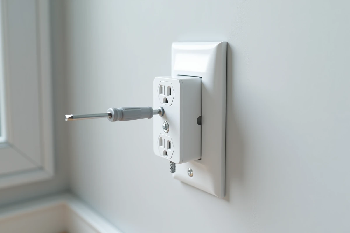 Gros plan d'une prise électrique double montée sur une goulotte PVC blanche avec visserie apparente sur mur gris