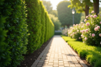 Haie de buxus bien taillée dans un jardin ensoleille